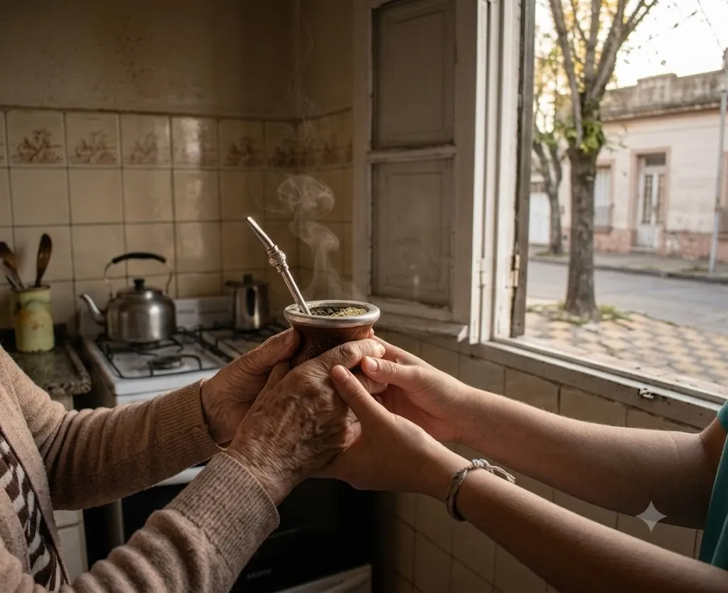 Unas manos mayores y unas manos jóvenes sosteniendo juntas un mate, en la cocina de una casa